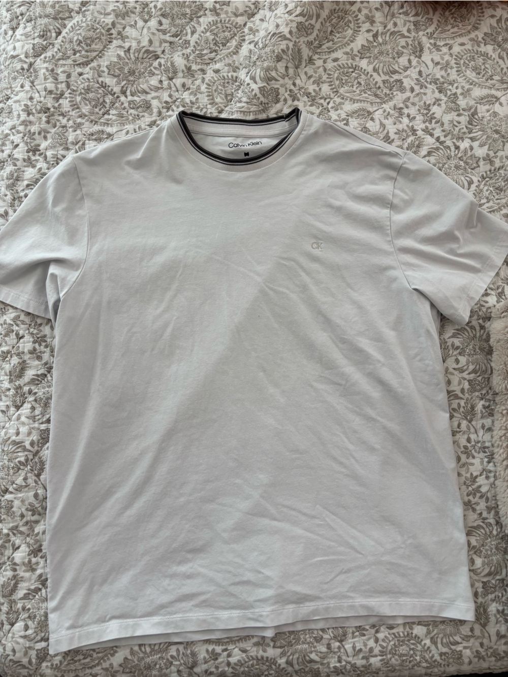 Calvin Klein Men’s Light Gray Crew Neck T-Shirt with Black-Trim Collar